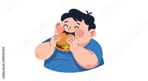 Joyful overweight man enjoys eating a large delicious hamburger while smiling with his eyes closed in satisfaction against a white backdrop.