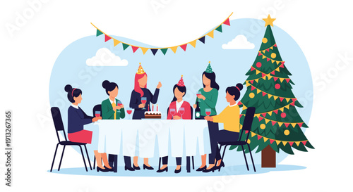 Group of diverse women celebrate together at a dinner table with cake and drinks in a room decorated with a Christmas tree and festive flags.