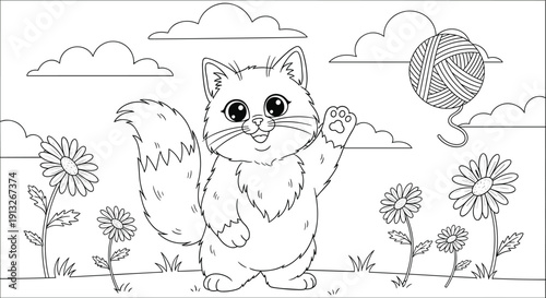 Cute Kitten Coloring Page Illustration with Flowers Yarn Ball and Clouds for Kids ActivityCute Kitten Coloring Page Illustration with Flowers Yarn Ball and Clouds for Kids Activity