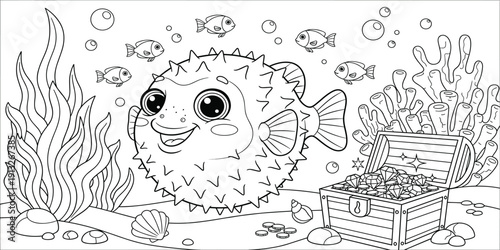 Cute Puffer Fish Coloring Page Illustration with Treasure Chest Coral Reef and Ocean SceneCute Puffer Fish Coloring Page Illustration with Treasure Chest Coral Reef and Ocean Scene