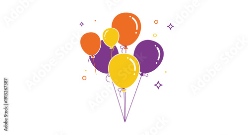 Vibrant bunch of colorful balloons in orange, yellow, and purple floats playfully with strings among sparkling stars and festive fun circles.