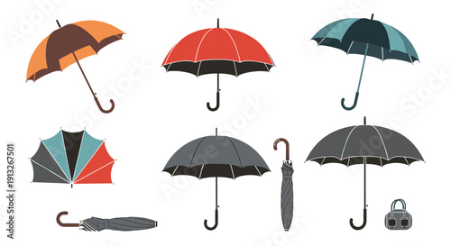 Variety of umbrellas in different colors and styles including open, closed, and folded versions for rainy weather protection.