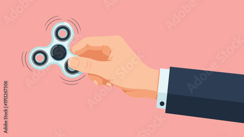 Close up of a person hand in a business suit holding and spinning a blue and white fidget spinner against a pink background.