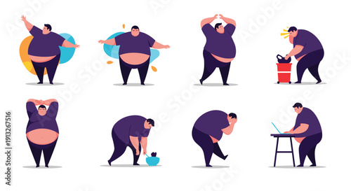 Overweight man character set showing various daily activities like exercising, eating, working on a laptop, and resting.