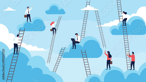 Metaphorical illustration of business people climbing ladders to reach the clouds representing career growth and ambition.