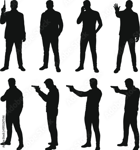 Secret agent silhouette set, spy action male character collection, detective mission poses, security operative figures, black flat vector illustration