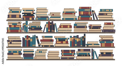 Bookcase filled with many books of various colors and sizes on multiple shelves for a home library or bookstore setting.