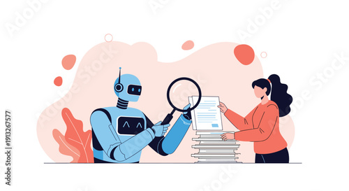Modern conceptual illustration of a blue robot using a magnifying glass to help a woman review a stack of documents or papers.