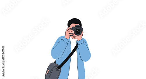 Photographer in a blue jacket holding a professional camera to his eye while carrying a grey shoulder bag on white.