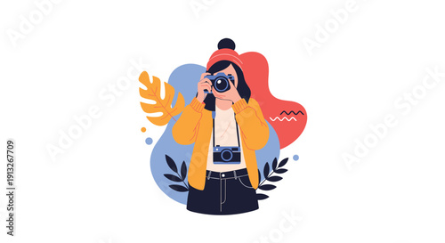 Young female photographer wearing a red beanie and yellow jacket taking a picture with a camera in artistic setting.
