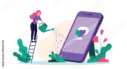 Woman standing on a ladder watering a giant smartphone screen with a green watering can as flowers grow around it.