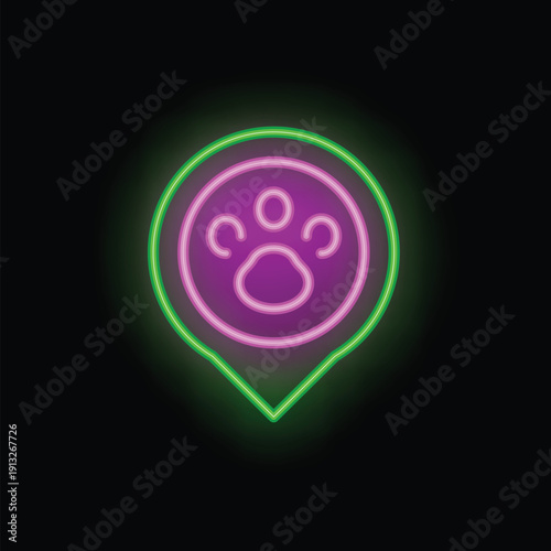 Bright green and pink neon sign in the shape of a map pin pointer, showing a paw print