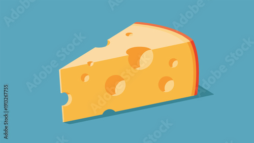 Isometric illustration of a single slice of yellow Swiss cheese with holes isolated on a solid light blue background.