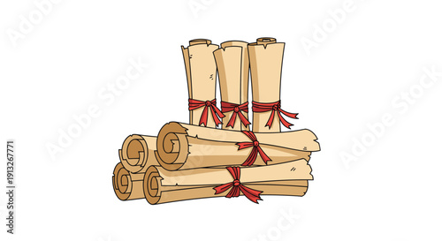 Stack of antique parchment paper scrolls tied with red ribbons representing ancient documents and historical records.