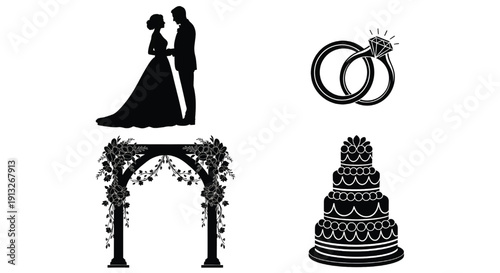 Wedding silhouettes of bride and groom standing together with decorative arch, rings, and cake