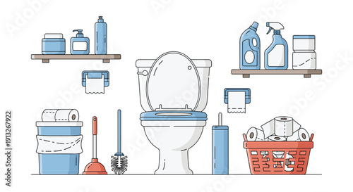 Clean bathroom interior illustration displays a white toilet surrounded by shelves of cleaning supplies, a plunger, and a basket of toilet paper.