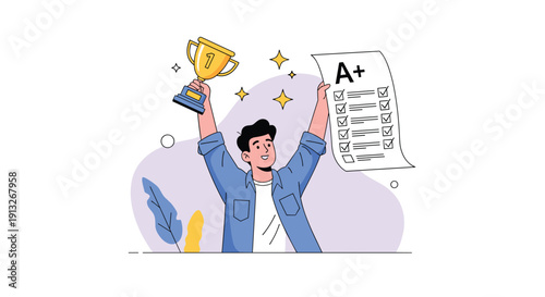 Joyful student celebrates academic success by holding a gold trophy and an A plus graded exam paper with numerous checkmarks against a background.