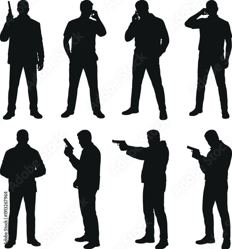 Secret agent silhouette set, spy mission male characters collection, detective action poses, security operative figures, black flat vector illustration