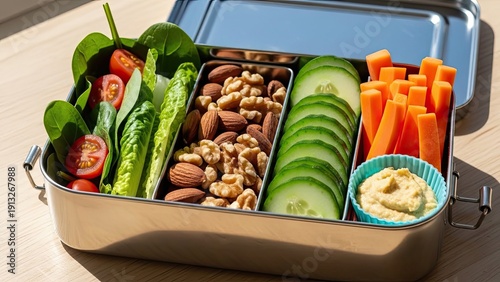 Healthy Vegan Bento Box with Nuts, Veggies, and Hummus