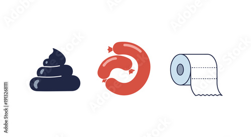 Simple icons representing digestive health including a dark stylized poop, three red linked sausages, and a roll of white quilted toilet paper.