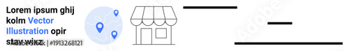 Local business, navigation tools, urban map systems, geolocation, service accessibility, retail presence. Location pins and a storefront icon. Local business and navigation tools concept