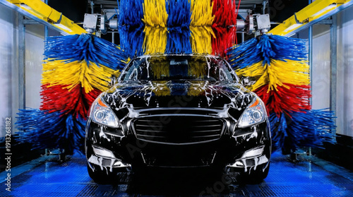 Black car receiving a thorough cleaning service inside an automatic car wash, with soap suds on its surface and colorful rotating brushes providing maintenance for vehicle cleanliness