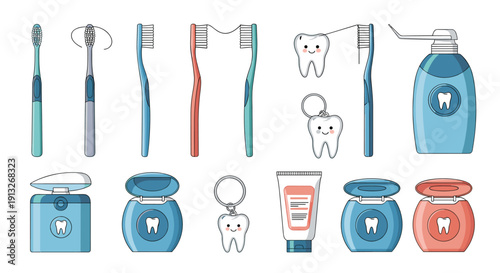 Comprehensive set of dental care products includes toothbrushes, dental floss, toothpaste, and cute tooth characters for oral hygiene health.