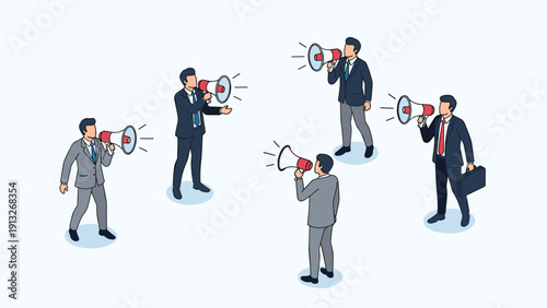 Multiple businessmen in suits standing and shouting through megaphones in various directions for massive communication.