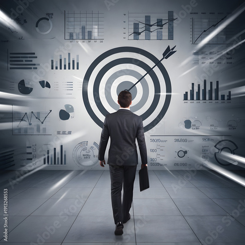 Businessman launching startup rocket icon toward target, representing business growth, innovation, future strategy, goal achievement, and success in digital transformation.