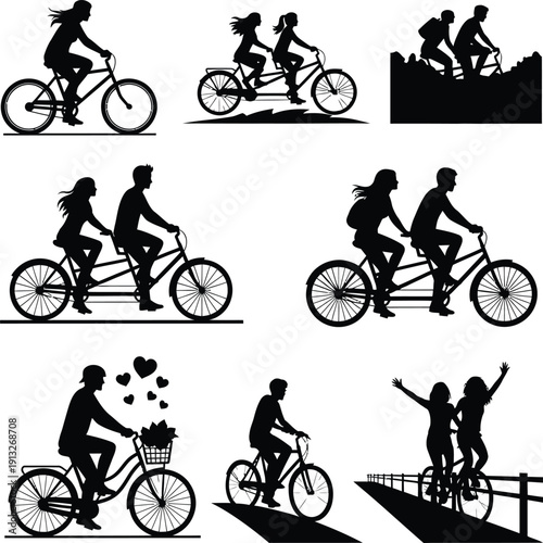 Collection of diverse silhouettes depicting individuals and couples cycling on tandem and single bicycles