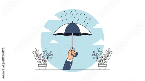 Business person hand holding a blue and white umbrella to provide shelter from falling rain against a cloudy blue sky.