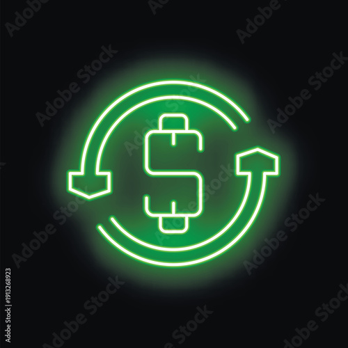 Green glowing neon sign depicting money circulation with up and down arrows on a black background