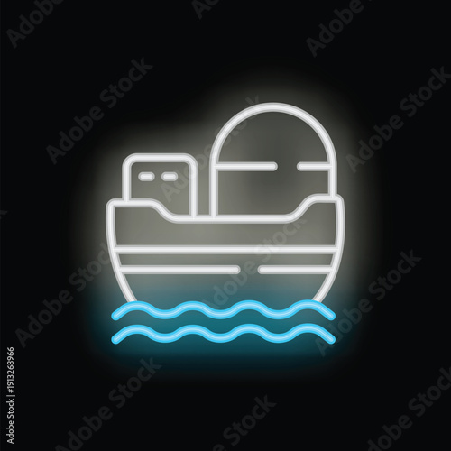 White neon sign of a cargo ship sailing on stylized blue waves on a black background