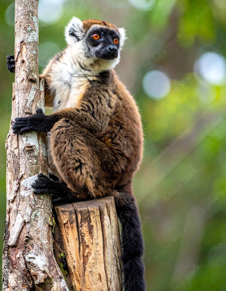 Obraz premium A primate with brown and black fur perches on a tree trunk. It has orange eyes and a long, striped tail