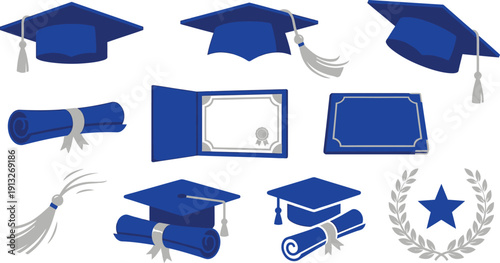 Graduation flat vector illustrations with 10 royal blue silver mortarboard cap front side tilted tassel diploma ribbon certificate case scroll stack wreath star academic