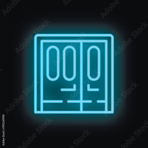 Glowing neon icon of automatic sliding or revolving doors, great for themes of accessibility, entrance and exit
