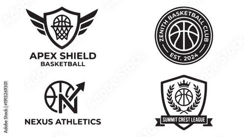Professional Basketball Team Logo and Shield Emblem Set.