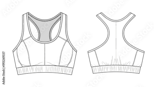 Technical drawing and fashion flat sketch of a women sports bra showing both front and back views for garment manufacturing.