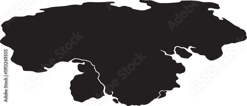 Black silhouette of a landmass with intricate coastline on white island continent