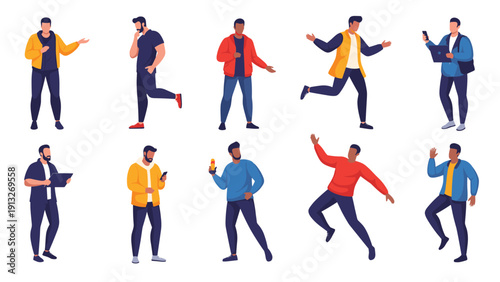 Collection of diverse men in different casual and athletic poses using technology, thinking, and expressing emotions.