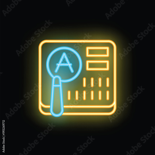 Neon icon of a magnifying glass analyzing website code with the letter a highlighted, representing website audit and analysis