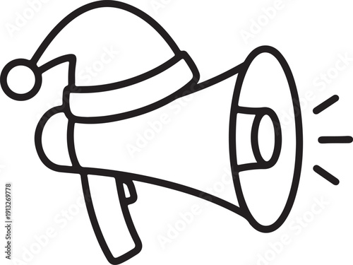 A festive black outline megaphone wears a classic red and white Santa Claus hat on top