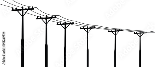 Vector illustration of utility poles with overhead power lines in perspective view, showing depth, distance, and sagging cables in stylized design.