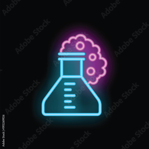 Neon icon of a chemistry experiment with an erlenmeyer flask releasing vapor
