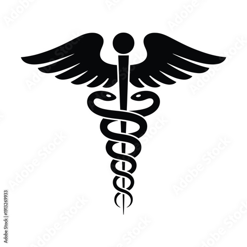 The caduceus symbol featuring a staff with entwined serpents is shown
