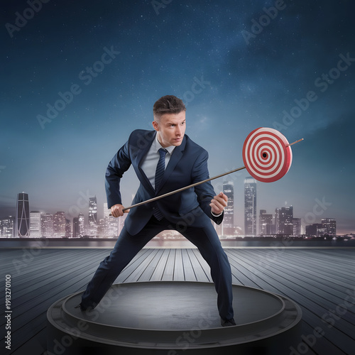 Businessman launching startup rocket icon toward target, representing business growth, innovation, future strategy, goal achievement, and success in digital transformation.