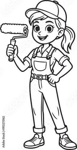 A happy cartoon girl wearing overalls holds a paint roller, ready to decorate a wall