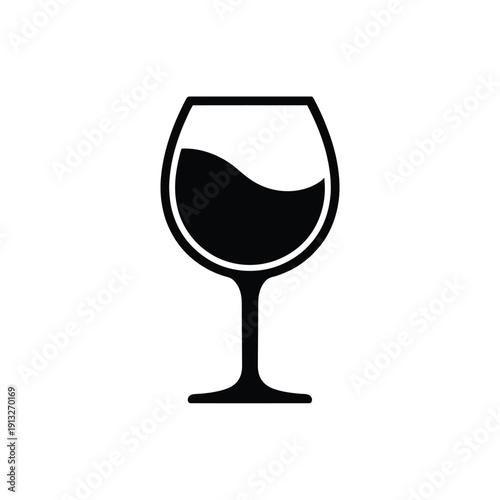 Simple black silhouette of a wine glass partially filled with liquid