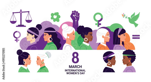  Diverse Women's Day Celebration Vector Illustration Flat Design