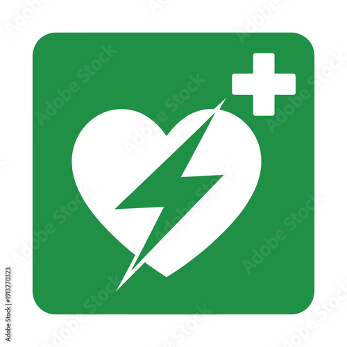 Green emergency sign depicting a white heart with a lightning bolt and cross
